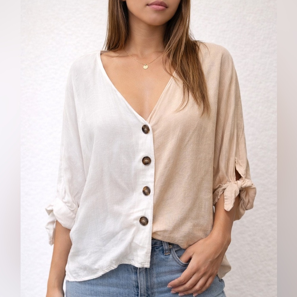 Valija Color Block Blouse White Beige Linen Blend Tie Sleeve Shirt S